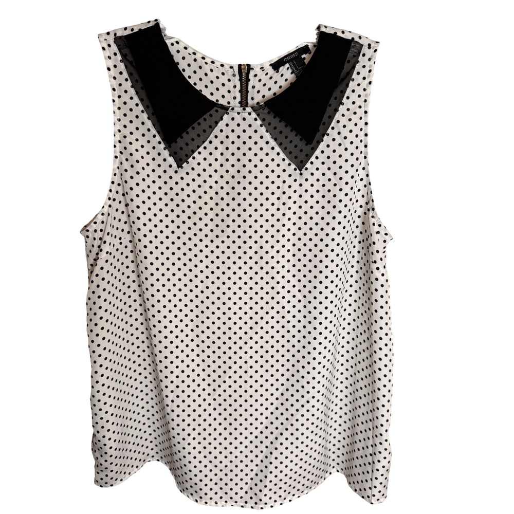 Forever 21 Polka Dot Blouse Womens Large White Black Polyester Mesh Collar Top